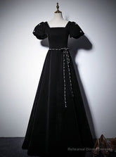Black Velvet Short Sleeve Square Neck Pearls Prom Dress